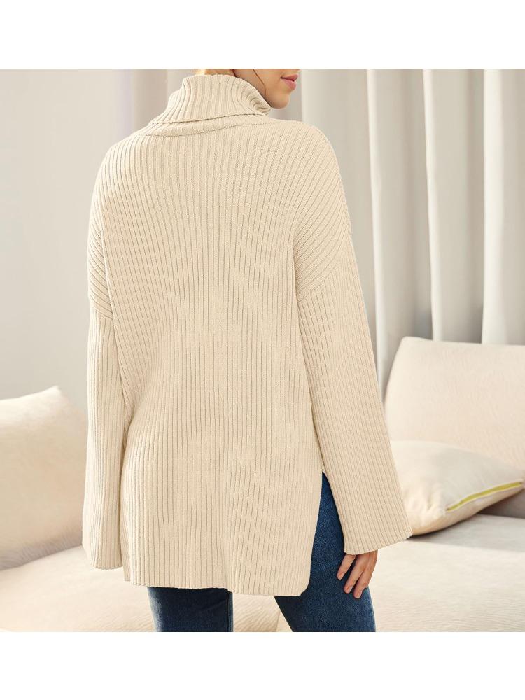 Autumn Winter Women's High Neck Oversized Pullover Split Long Sleeve High Neck Ribbed Knit Sweater Luxurious Relaxed-fit Slimming and Versatile Top
