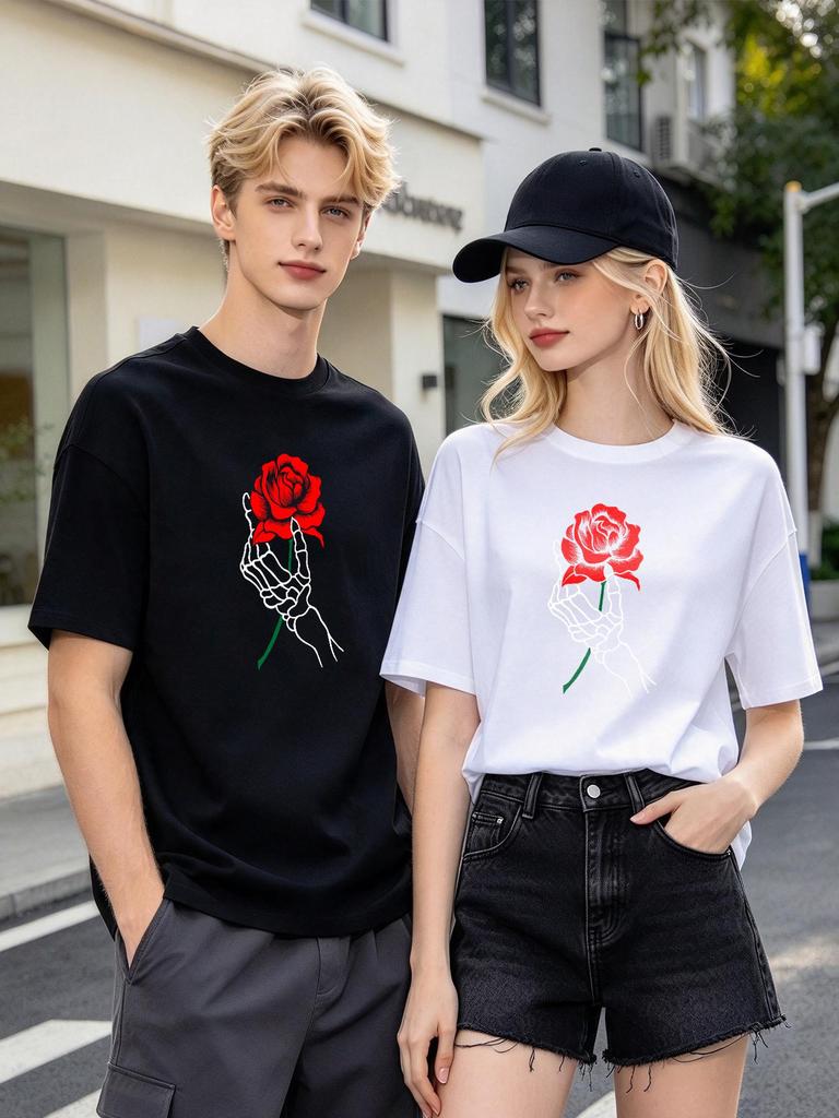 Skull Hand Rose Print Casual Soft Short Sleeve Fashion Comfortable Tops