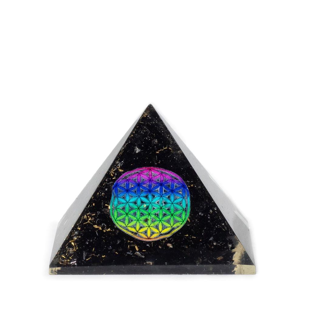 Small Orgonite Pyramids 5.5x4.5cm – Flower of Life – Black Tourmaline Chips