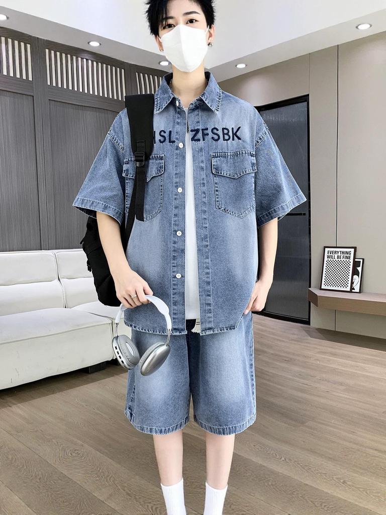 Men's Trendy Summer Denim Two-Piece Set: Short-Sleeve Shirt & Thin Shorts