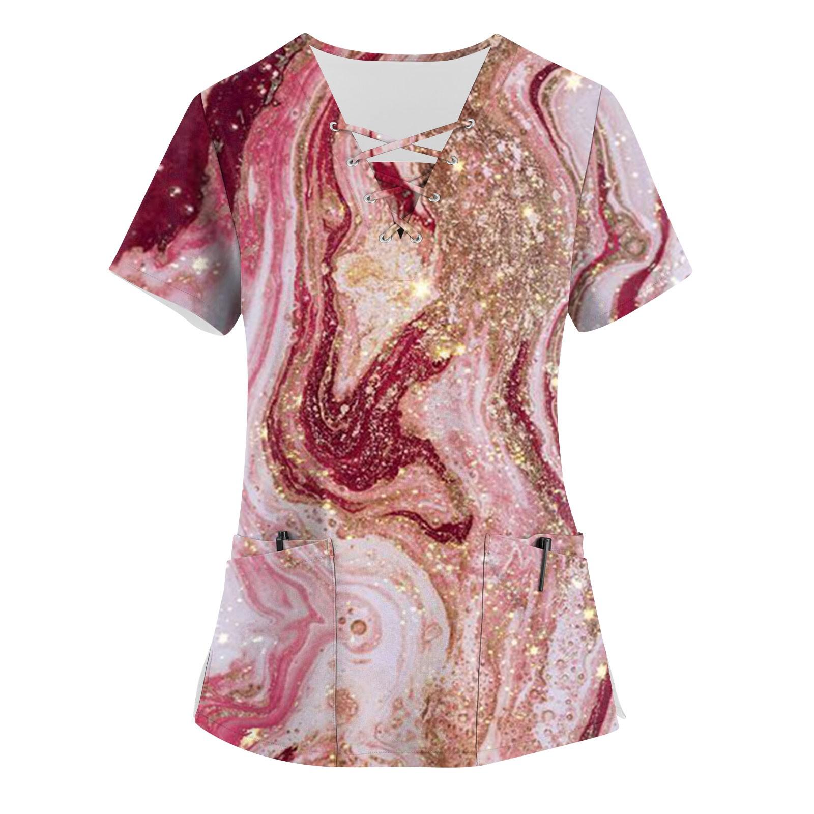 

Женские топы с короткими рукавами и v-образным вырезом с принтом, рабочая блузка с карманами S винный