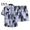 Printed Men Shirt Shorts Set 2Pcs/Set Beach Outfit Lapel Short Sleeve Single Breasted Elastic Drawstring Waist Wide Leg Hawaiian Print Casual