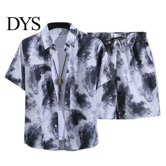 Printed Men Shirt Shorts Set 2Pcs/Set Beach Outfit Lapel Short Sleeve Single Breasted Elastic Drawstring Waist Wide Leg Hawaiian Print Casual