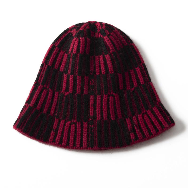New color matching plaid cashmere knitted fisherman hat women's striped dome warm face small cashmere basin hat