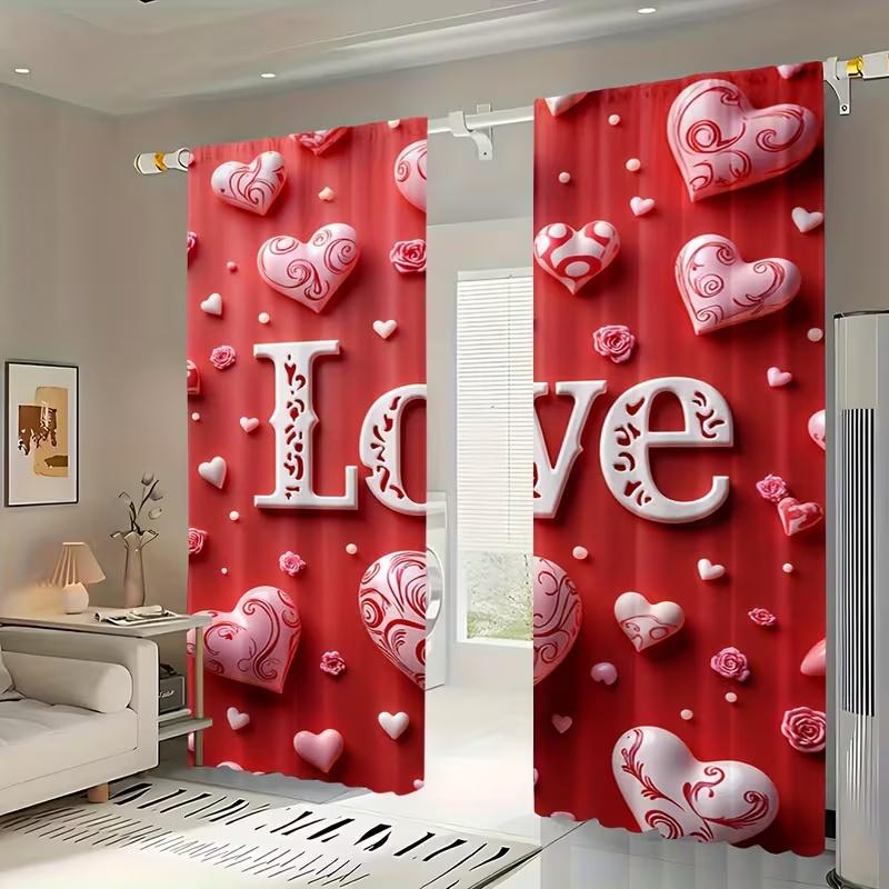 Set Of 2 Letter Love Print Curtains Suitable Bedroom Living Room Kitchen Decoration Home Window Curtain Polyester Ideal For