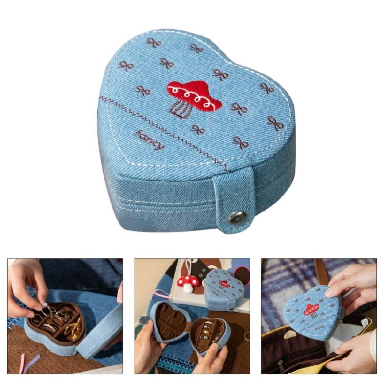 Heart Design Jewelry Organizers Denims Multi Compartment Storage Box For Earrings Necklaces Rings Travel Essential