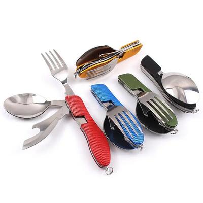 Stainless Steel Foldable Spoon Fork Knife Outdoor Camping Utensils Portable  Bottle Opener Combo Set Cutlery Tableware Multitool