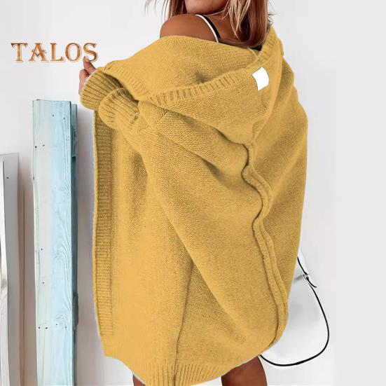 Women Sweater Coat Hooded Long Sleeve Ribbed Cuffs Open Front Knitting Coat Solid Color Mid-length Sweater Cardigan