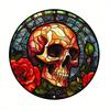 Pc Skull and Roses Stained Glass Style Aluminum Metal Sign  Waterproof UV Resistant Round Wall Art for Home  Garden  HD Pri
