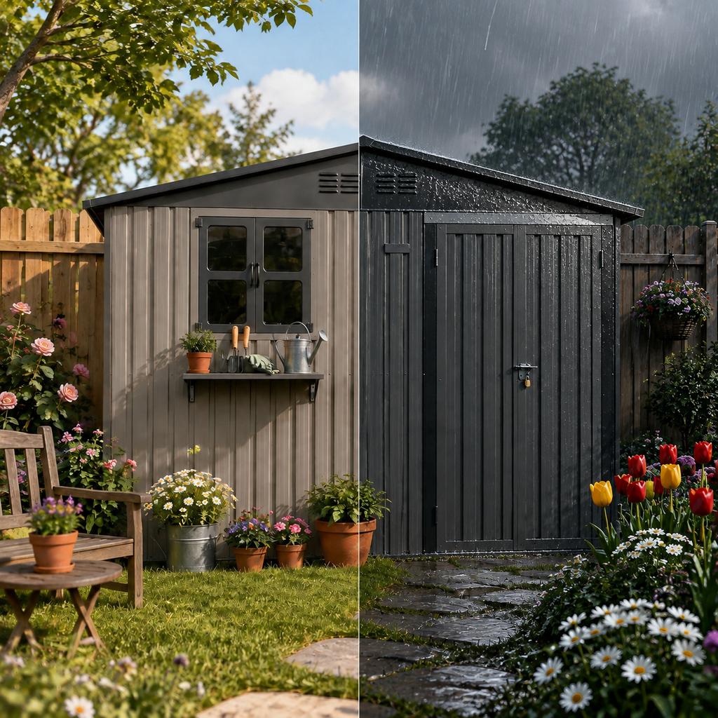 Brown Galvanized Steel Outdoor Tool Shed, Dimensions 295 × 243.6 cm (7.19 m²), with Openable Windows, Lockable Door and Flower Rack, Waterproof