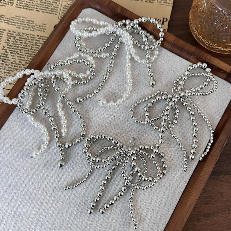 Fashionable Pearls and Silver Bead Butterfly Bowknot Pendant Portable Accessory for Parties Supplies and Office Wear