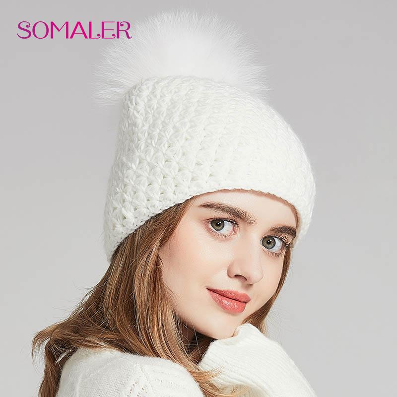 SOMALER Handmade Warm Winter Hats for Women Real Fox/Raccoon Fur Pompom Beanies Mix-color Caps