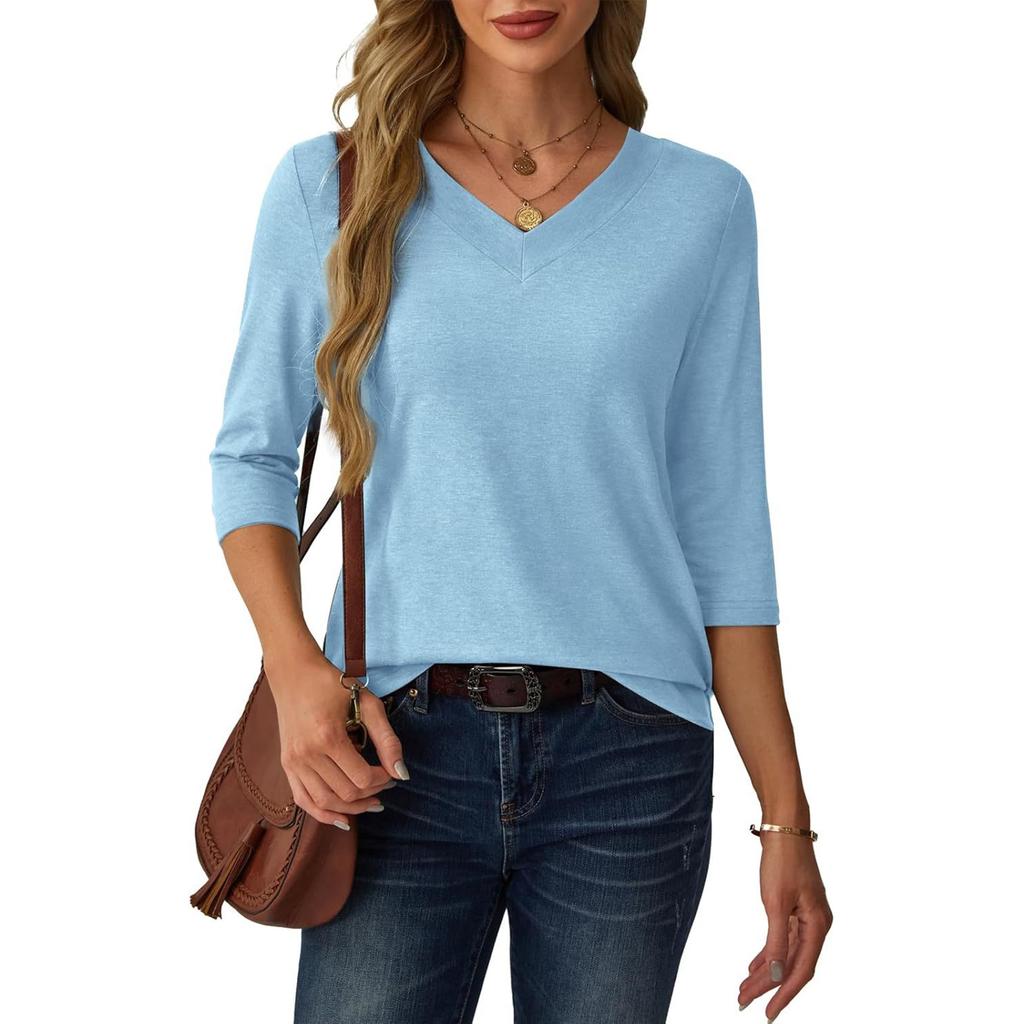 Women's Casual Loose Fit V Neck Pullover Top Three Quarter Sleeve Lightweight Blouse for Everyday Wear
