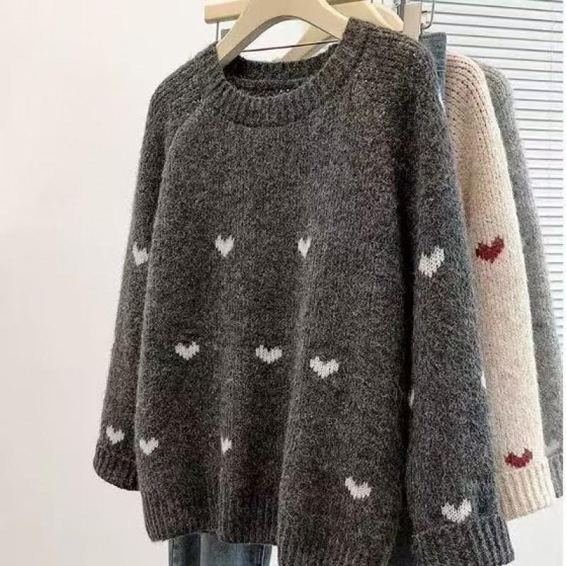 Soft Knit Pullover Sweater With Heart Detail Loose Fit Round Neck Women 2026