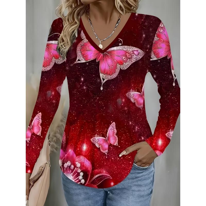 Women's Fashion Printed Casual V-Neck Long Sleeve T-Shirt