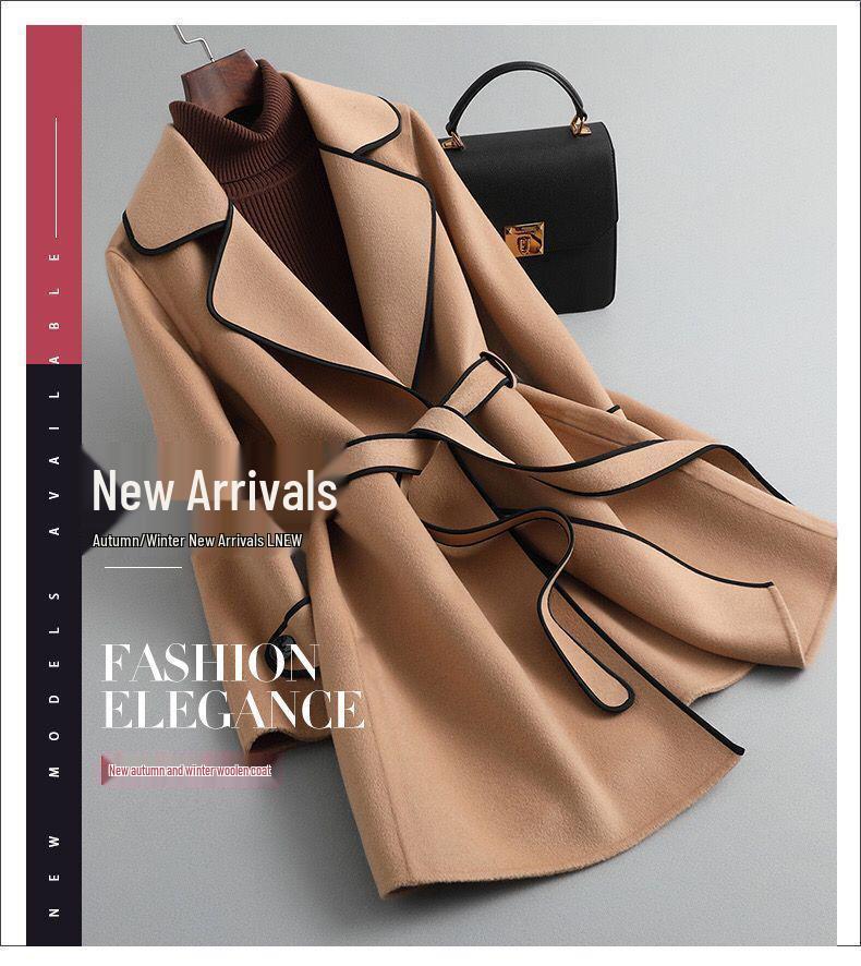 Korean Style Women's Slimming Imitation Cashmere Wool Coat - Color Block Mid-Length for Autumn and Winter