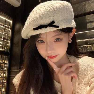 Sweet Water White Tea~ Bow Lamb Plush Beret Women's Autumn and Winter New White Painter Hat Display