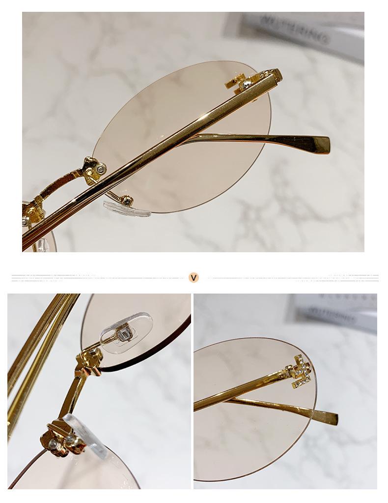 Women's Trendy Oval Rimless Rhinestone Sunglasses - European & American Style, Small Frame with Letter F Design