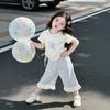 Girls' Korean-Style Summer Lace Top & Plaid Wide-Leg Pants Set
