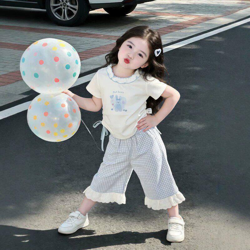 Girls' Korean-Style Summer Lace Top & Plaid Wide-Leg Pants Set