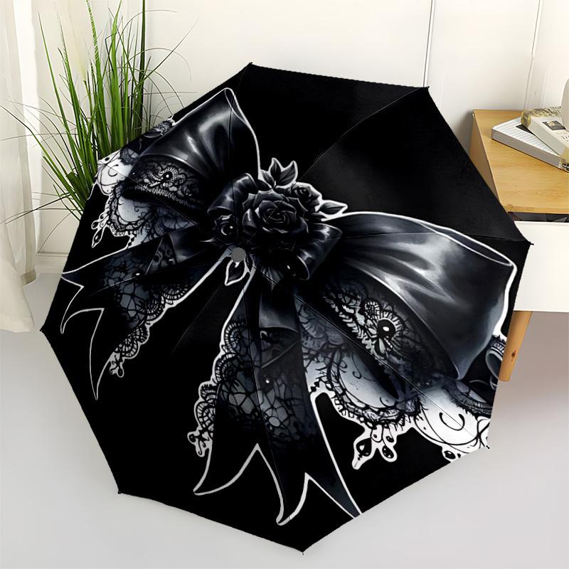 

1pc Black Bow Ribbon Lace Automatic Opening and Closing Folding Umbrella with 8 Iron Ribs - Portable, Foldable for Travel yy251124130
