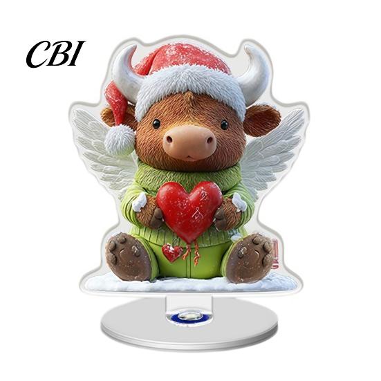 Angel Figurine for Mantel Xmas Acrylic Ornament, 2D Flat Tree Gingerbread Man Ornament with Christmas Tabletop Ornaments Rotatable Base, Table