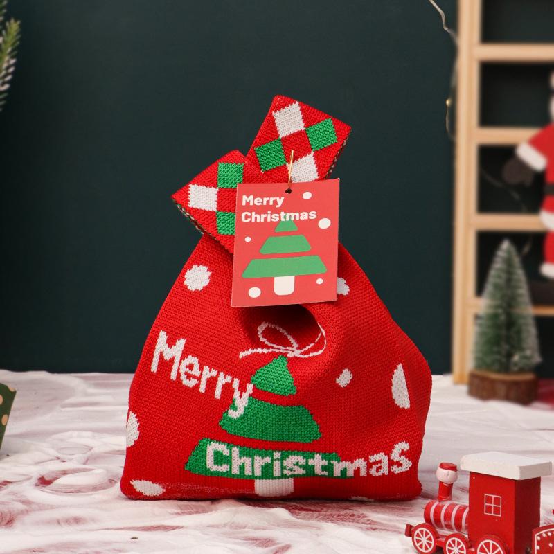 1Pc Simple Christmas Gift Knot Wristlet Santa Claus Candy Bag Christmas Knitted Bag Reusable Party Favor Bag