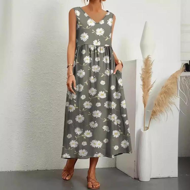 Elegantes Damen Vintage Harajuku Baumwollkleid Sommer Kurzarm O-Ausschnitt Bequemes Lockeres Langes Kleid mit Tasche Einfarbig