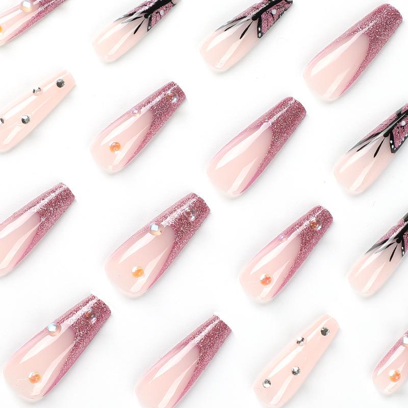 24Pcs/Set Quick Nails Purple Glitter French False Nials Sticker Wearable Waterproof Manicure Finished Nails
