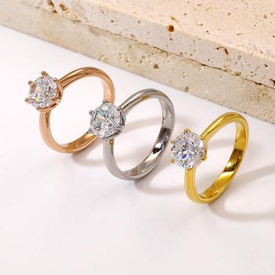 Classic Titanium Steel Ring Gold Plated Claw Diamond Titanium Steel Ring Wedding Ring Large Zircon Wedding Design Versatile Women's Ring