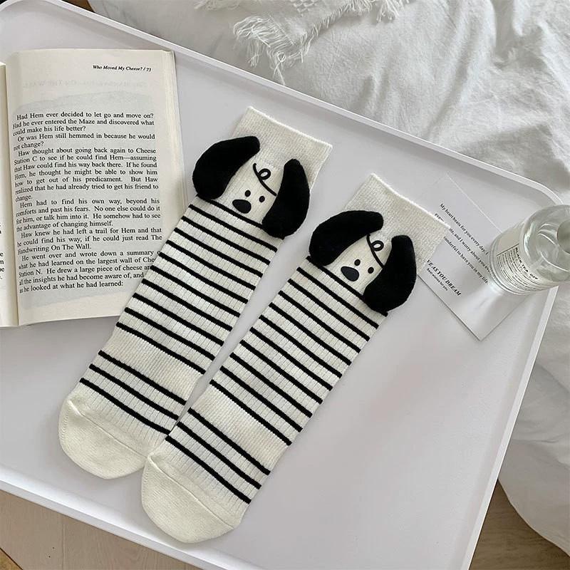 

1 Pair Trendy Socks Non-slip Mid-tube 3D Plush Embroider Dog Cartoon Striped Puppy Black & White Socks белый