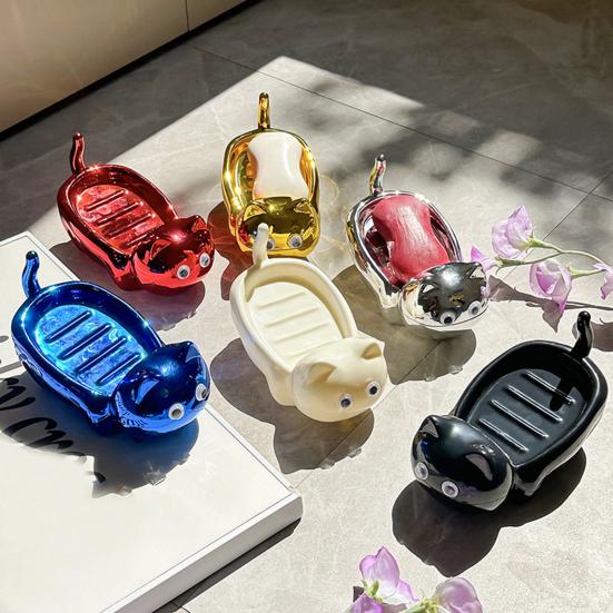 Soap Dish with Automatic Drainage Cute Cat Shape Design Easy Cleaning Soap Holder Soap Tray for Shower Bathroom