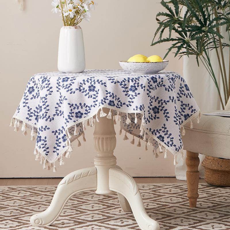 Cotton And Linen Small Fresh Navy Blue Small Flower Round Tablecloth Household Living Room Homestay Decoration Fringed Tablecloth