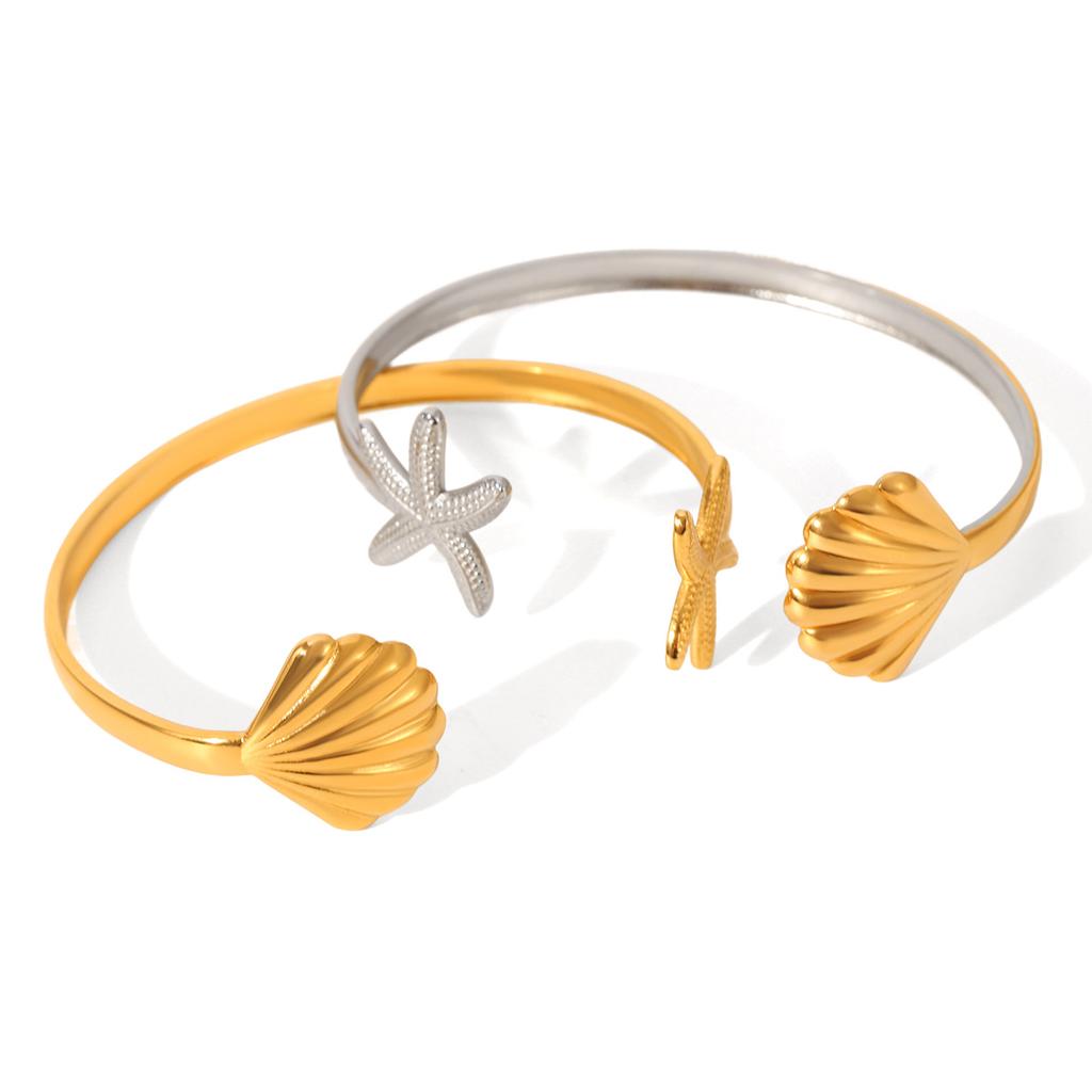 Stainless Steel Starfish Shell Open Bangle for Women, High-end Ocean Style Titanium Steel Bracelet
