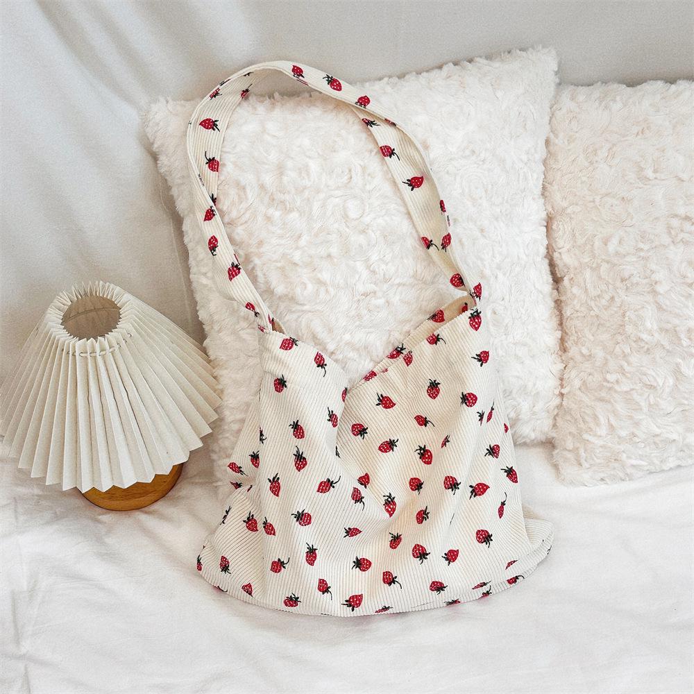 Strawberry Print Corduroy Shoulder Bag - Casual, Large Capacity for Commuting and Daily Essentials