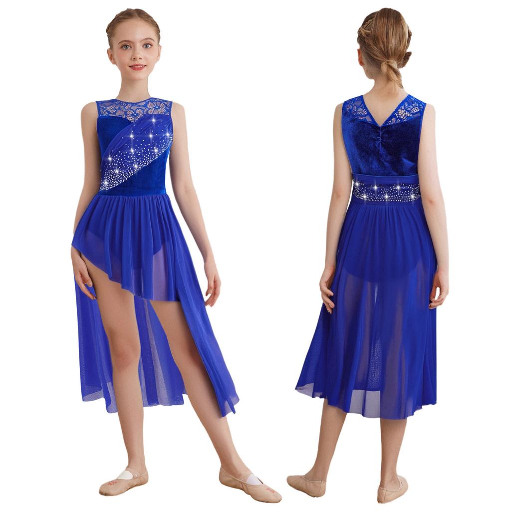 Lyrisches Tanzkleid für Mädchen: Funkelnde Strasssteine auf Spitzen-Patchwork & Raffinierte Netz-Überlagerung mit elegantem asymmetrischem Saum