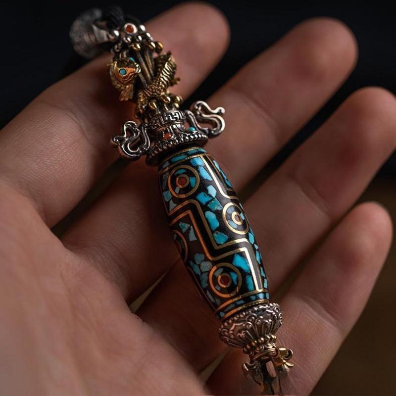 Koi Fish Nine-eye Celestial Bead, Vajra Staff Pendant, Six-character Precept for Subduing Demons, Aged Folk Art Jewelry Piece