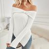 Frauen Tops Off Schulter Langarm Unregelmäßigen Seite Schlitz Saum T-shirt Einfarbig Slim Fit Knoten