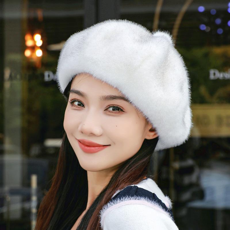 Black Beret Women's Winter New Bud Mink Hair Hat Octagonal Hat
