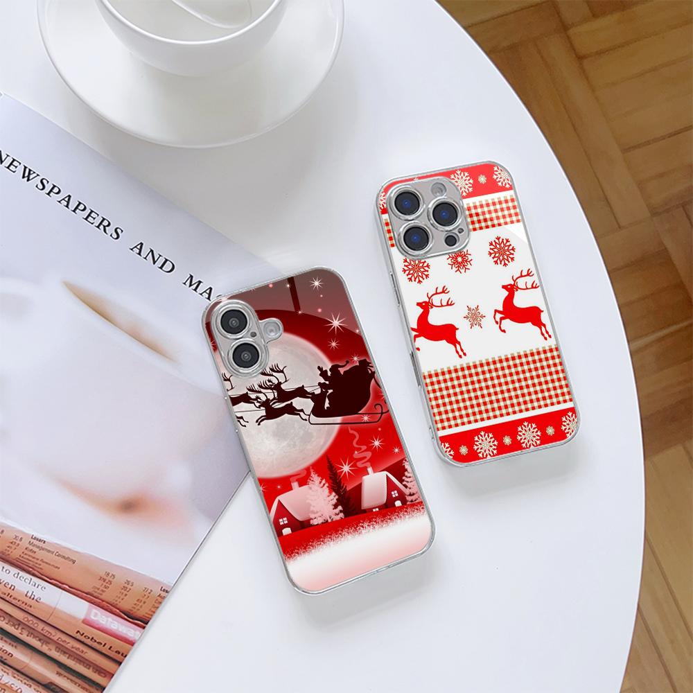 Ae112 Merry Christmas Art Electroplated Glass Phone Cases for Samsung S24 FE S25 Ultra iPhone 16 Pro Xiaomi Redmi OPPO Lens Full Protection Back Cover