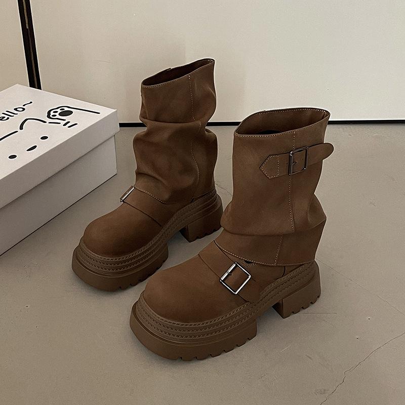 Vintage British style belt buckle thick-soled Martin boots women's 2025 autumn and winter new thin pile short boots fashion boots