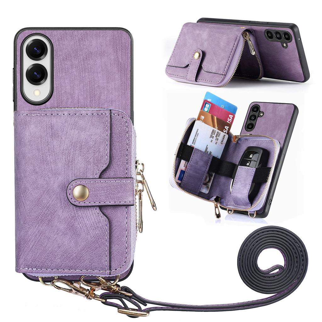 For Samsung Galaxy S25 Edge PU Leather Phone Back Cover with Zipper Card Holder and Long Strap