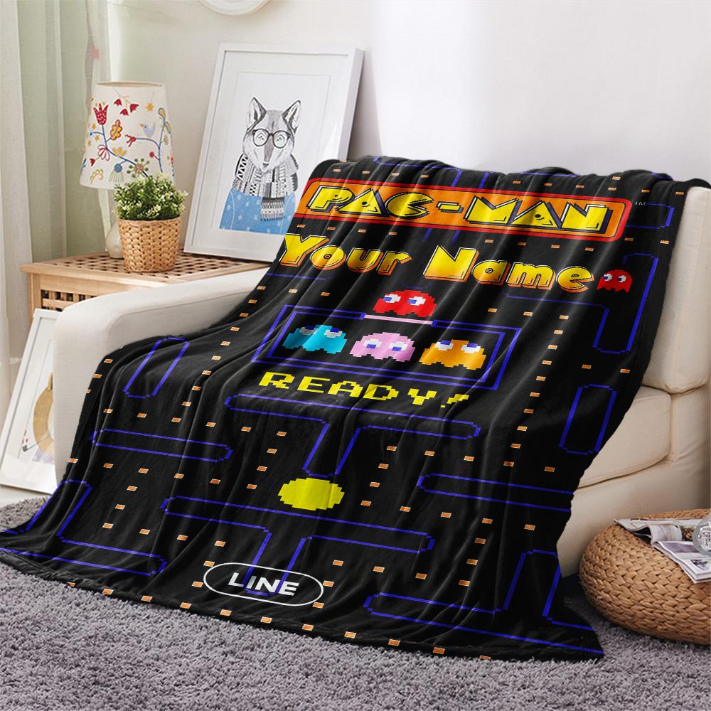 1PC Custom Name Pac-Man Patterned Flannel Blanket Suitable For All Seasons for Home Decor Warmth and Comfort Gifts Holiday Present -HE165