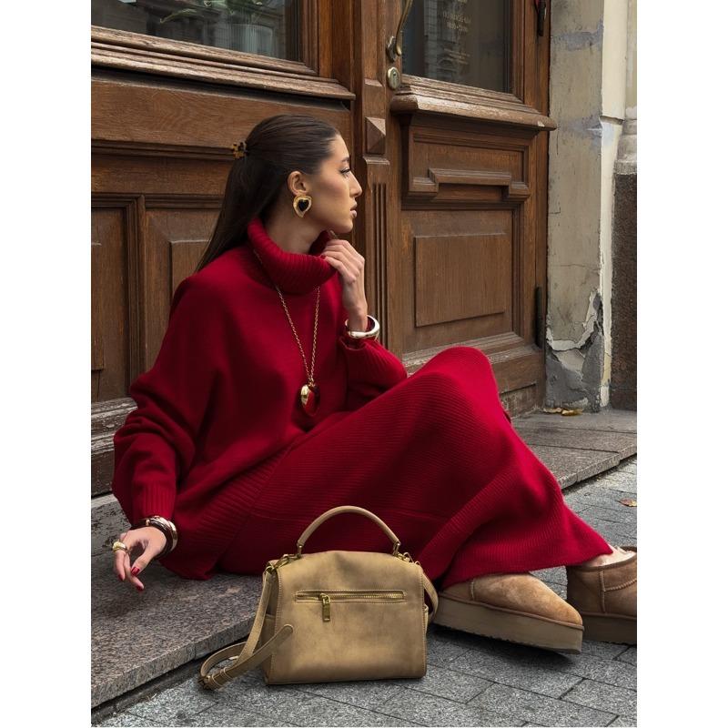 Hochgeschlossenes Pullover-Halbrock-Set für Damen, Europäisches und Amerikanisches Herbst- und Winter-Strick-Zweiteiler-Pullover-Set für Damen
