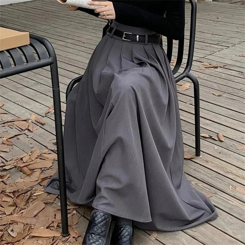 Women High Waist Korean Pleating Swing Skirt Vintage Fashion Spring Office Falda Holiday Loose Solid Long Skirt