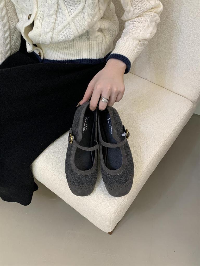 South Korea Dongdaemun Woolen Material Autumn Flat Bottom Square Head Mary Jane Women's Shoes with Skirt 2026 New One-word Strap Single Shoes