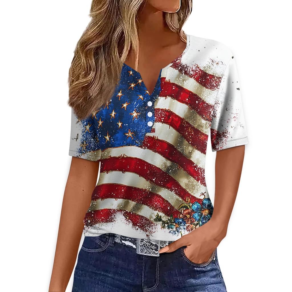 Women's Casual V Neck Short Sleeve T Shirt with Button Detail Independence Day Print Butterfly and Floral Pattern Top