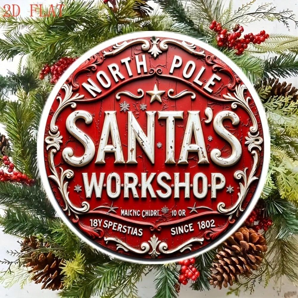 Santa Workshop Metal Tin Sign Vintage Christmas Wall Art North Pole Round Decor