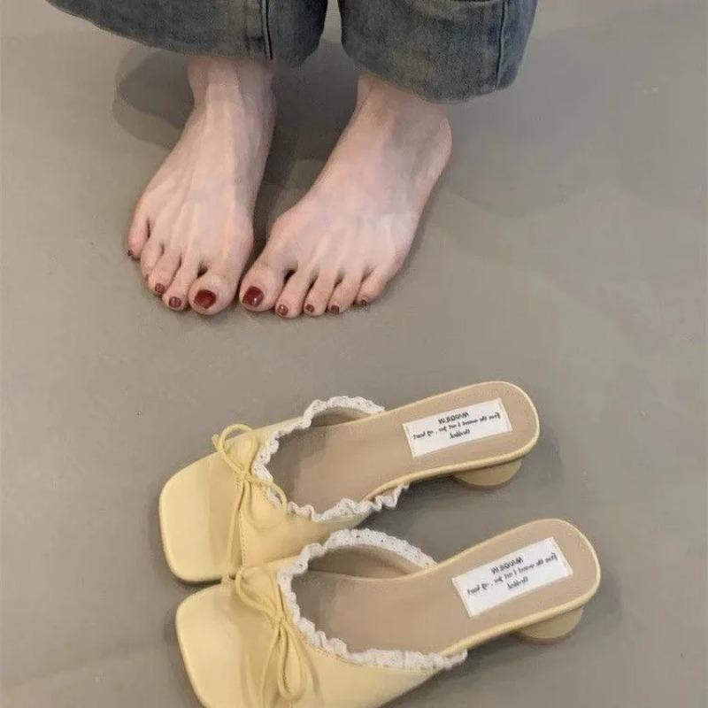 

2025 New Summer Women Square Toe Slippers Fashion Lace Dress Slide Shoes Ladies Concise Outdoor Beach Vacation Sandalias 40 жовтий