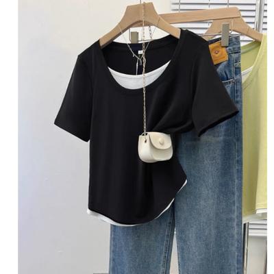 Women's Clothing Splicing Contrasting Color Fake Two-piece Short-sleeved T-shirt Women's Summer Fat Mm Loose Casual Top Is Thin and Covers Meat